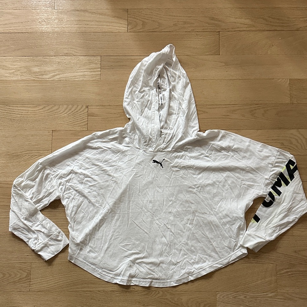 Puma White Hoodie with Black Sleeve Logo - Picture 1 of 2